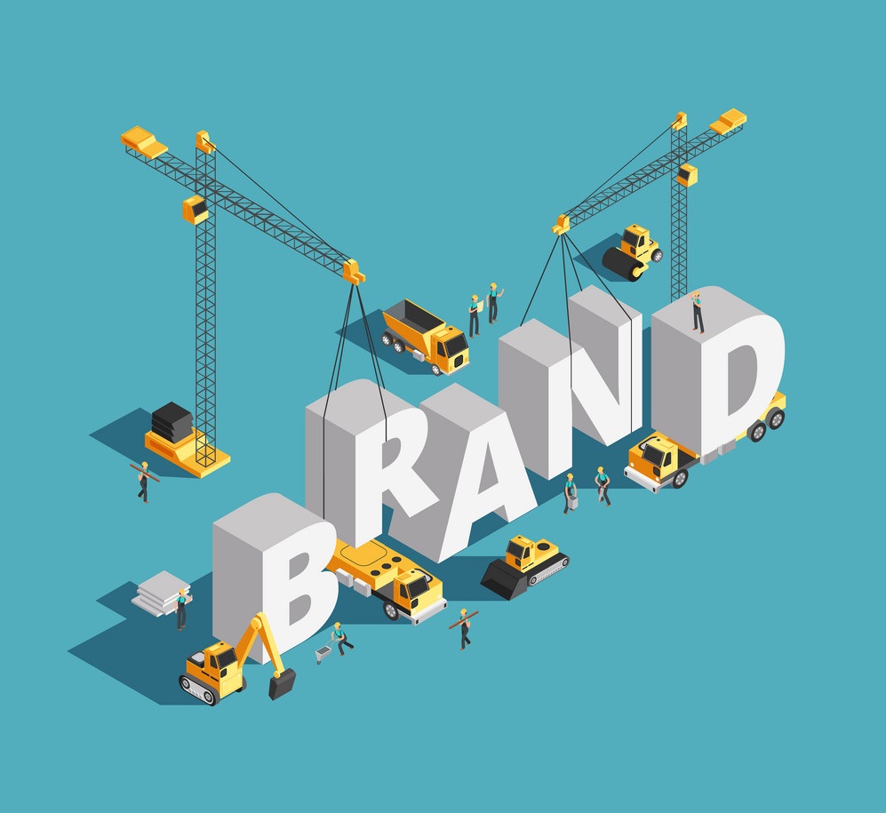 Brand building construction 3d isometric vector concept with construction machinery and workers